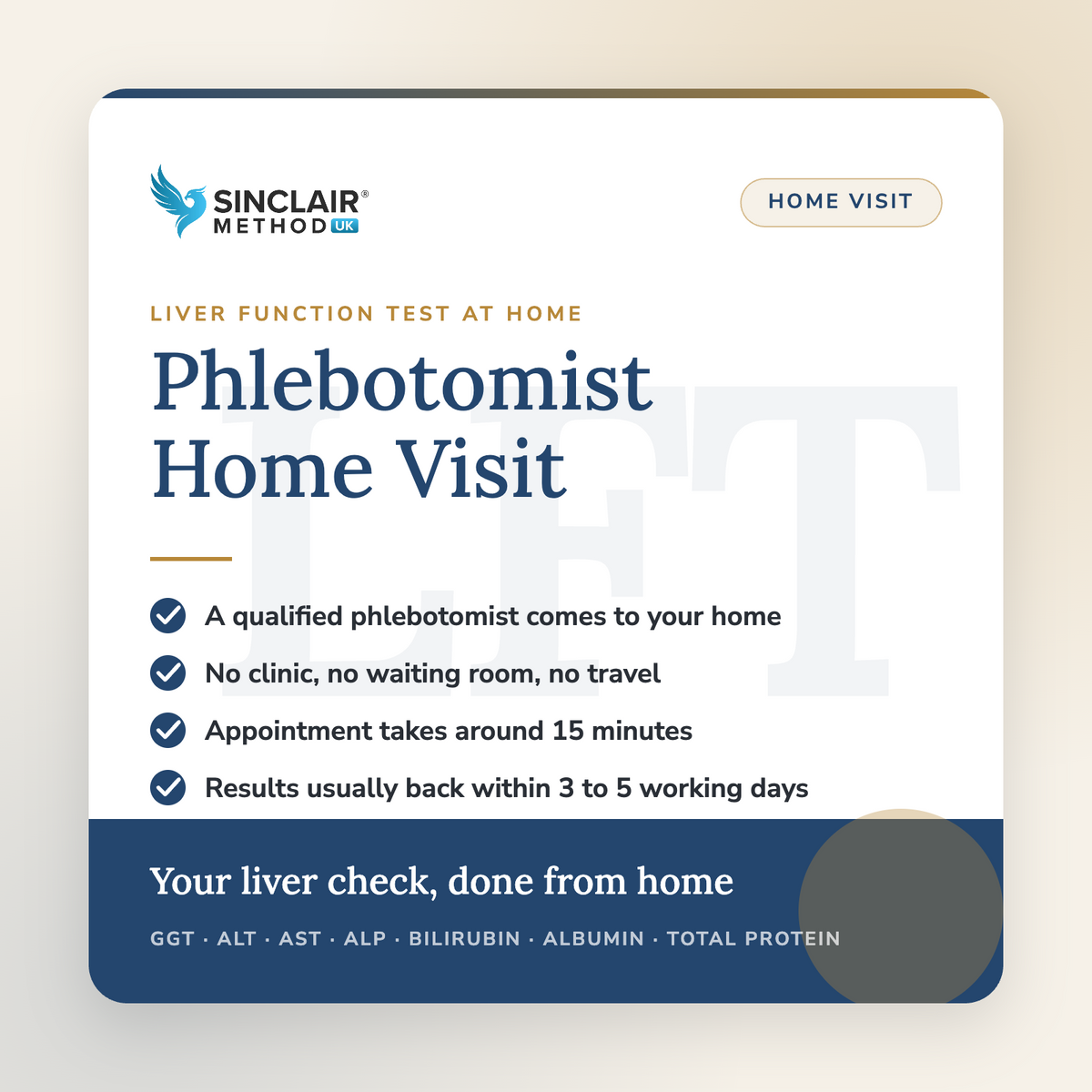 Phlebotomist home visit liver function test, Sinclair Method UK
